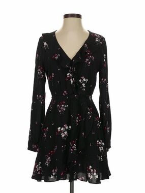 Express Black Floral Ruffle Long-Sleeve Dress with Pink & White Accents